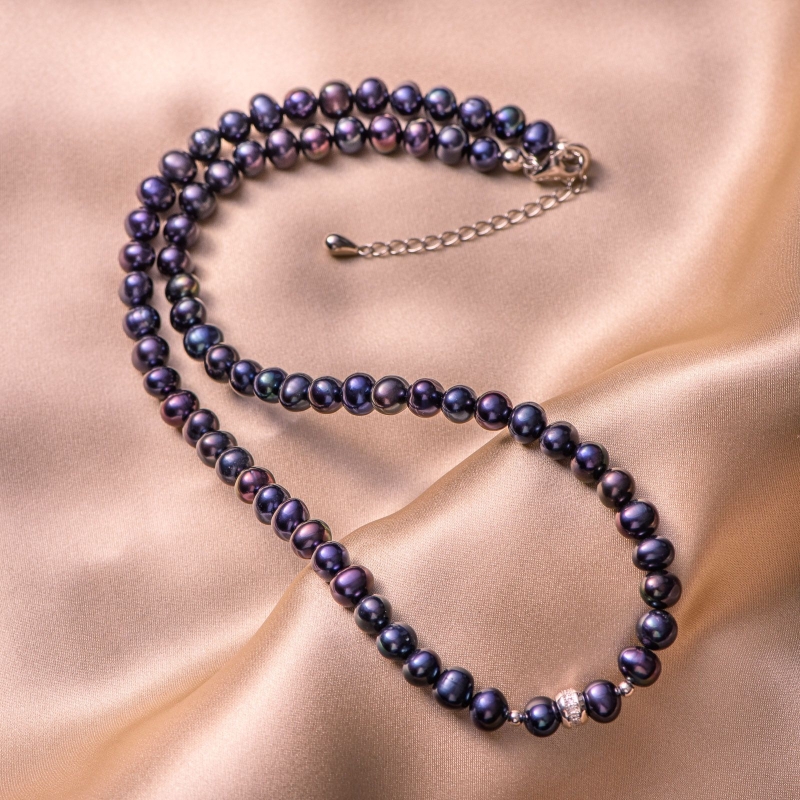 Sterling Silver Necklace black -indigo pearls