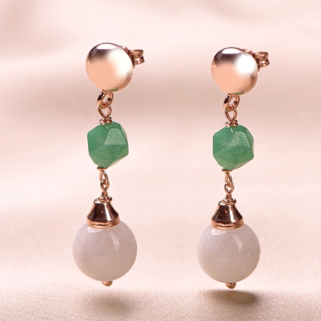 Sterling Silver pink Earrings moonstone, jade green mat