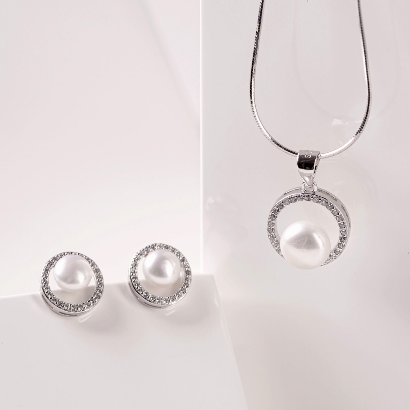 Sterling silver pearl necklace deals and earrings set