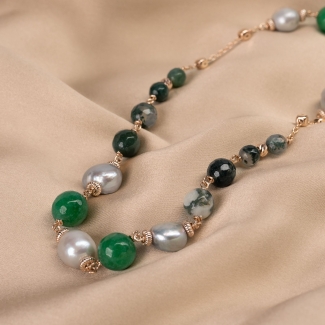 Sterling Pink Silver Necklace green agate, gray pearl, 48 cm