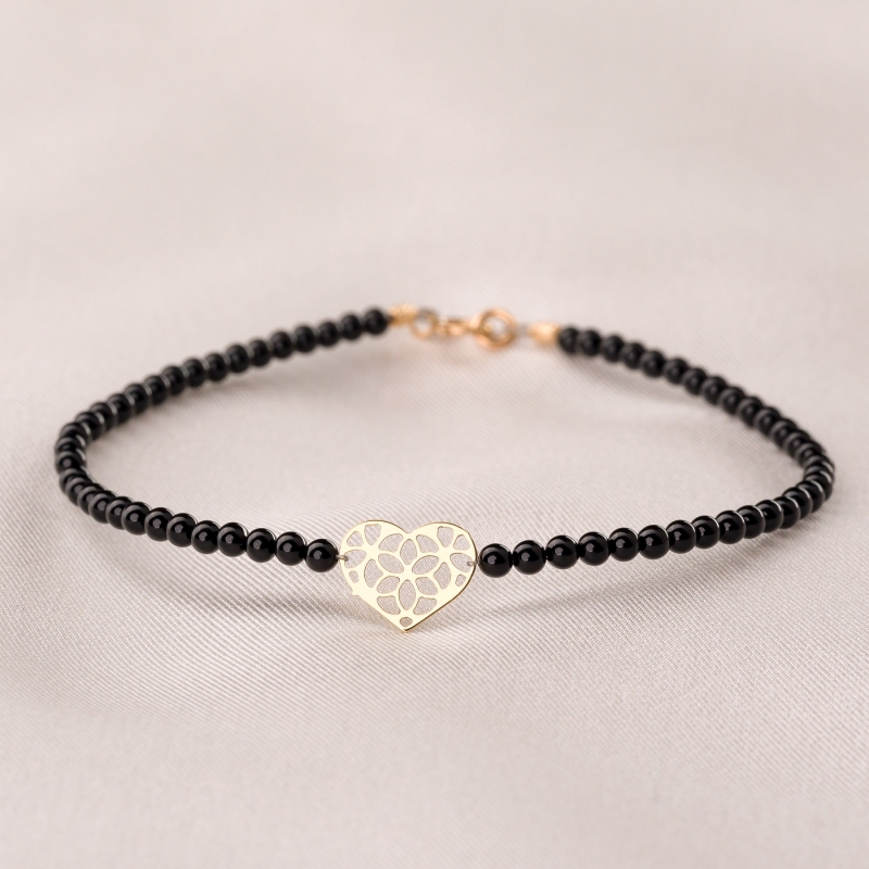 Bracelet Black Tourmaline with 14K Gold heart charm Bracelet