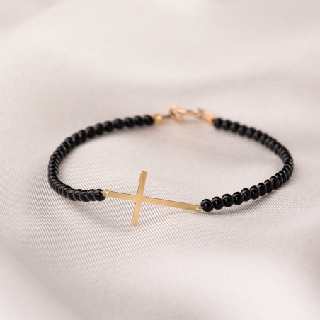 Black Tourmaline with 14K Gold cross charm Bracelet