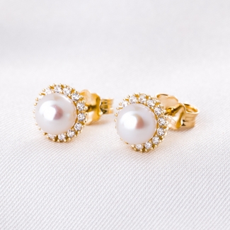 14K Gold Earrings Daisy Zirconia White Pearl