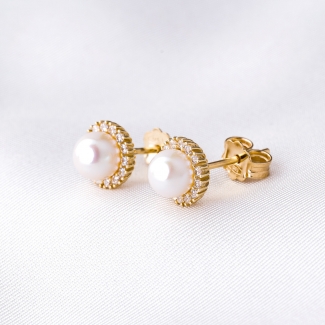 14K Gold Earrings Daisy Zirconia White Pearl