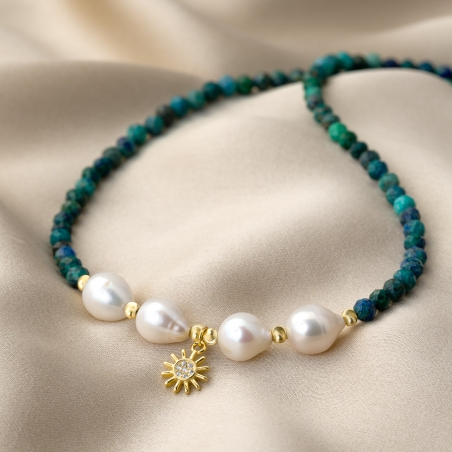 Gold Silver Necklace La Mer & Le Soleil with azurite and pearls