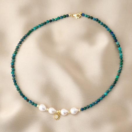 Gold Silver Necklace La Mer & Le Soleil with azurite and pearls