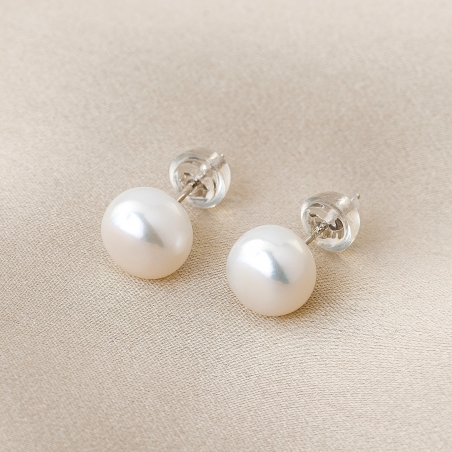 Sterling Silver Earrings Classy White Pearls 9 mm