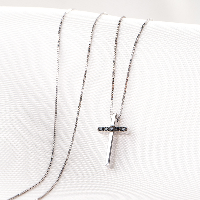 14K White Gold Necklace Special Black Diamond Cross