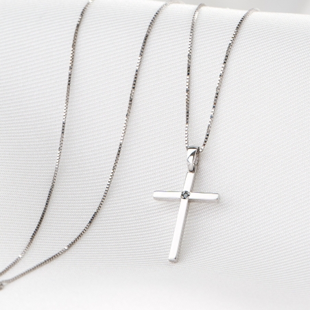 14K White Gold Necklace Black Diamonds Cross