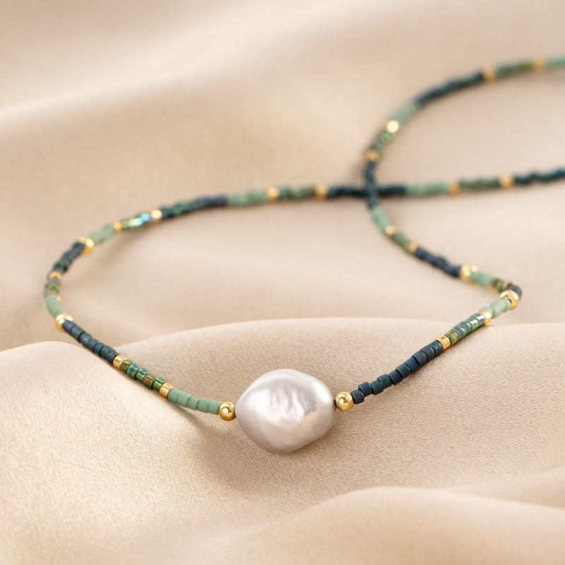 Cool Touch Miyuki Necklace green with pearl