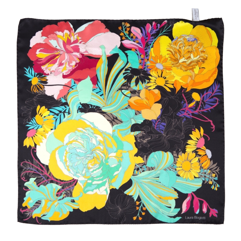 Japanese Flowers black Silk scarf